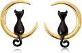 wholesale 925 Sterling Silver Black Cat Crescent Moon Stud Earrings for Women-0-0