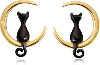 wholesale 925 Sterling Silver Black Cat Crescent Moon Stud Earrings for Women-black