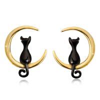 wholesale 925 Sterling Silver Black Cat Crescent Moon Stud Earrings for Women-black
