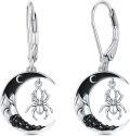 wholesale 925 Sterling Silver 925 Black Enamel Crescent Moon & Spider Leverback Dangle Earrings-0-0
