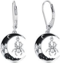 wholesale 925 Sterling Silver 925 Black Enamel Crescent Moon & Spider Leverback Dangle Earrings-Spider
