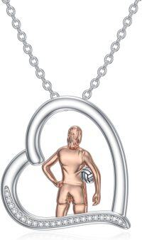 wholesale 925 Sterling Silver Volleyball Player Pendant Necklace with Heart-Shaped Frame and Cubic Zirconia Accents-Volleyball