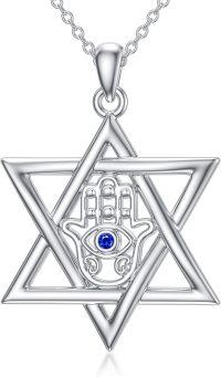 wholesale 925 Sterling Silver Star of David with Blue Sapphire Evil Eye Pendant Necklace-Star of David Hamsa Evil Eye