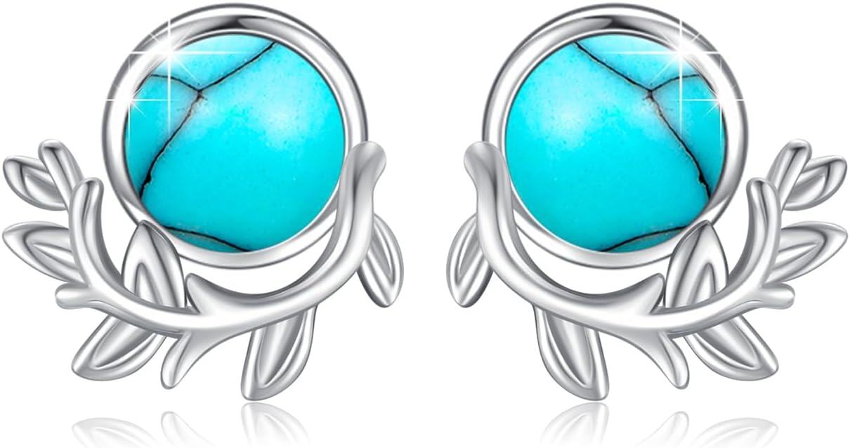 Sterling Silver Blue Opal Turquoise Moonstone Leaf Stud Earrings-0-0