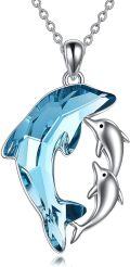 wholesale 925 Sterling Silver Blue Crystal Mother & Child Dolphins Pendant Necklaces Gift for Women Girls-0-0