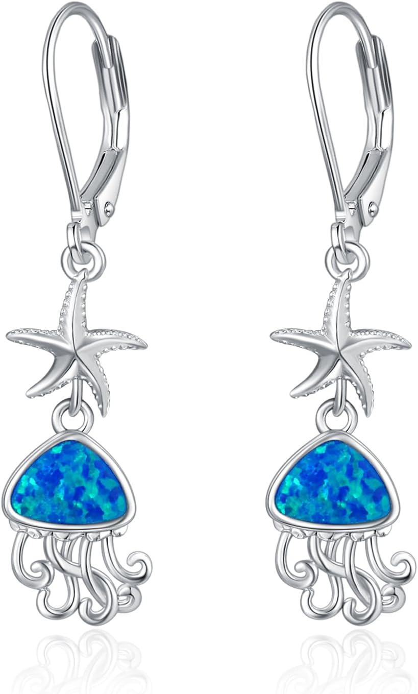 Sterling Silver Opal Starfish Turtle Earrings Ocean Jewelry for Women-Jellyfish