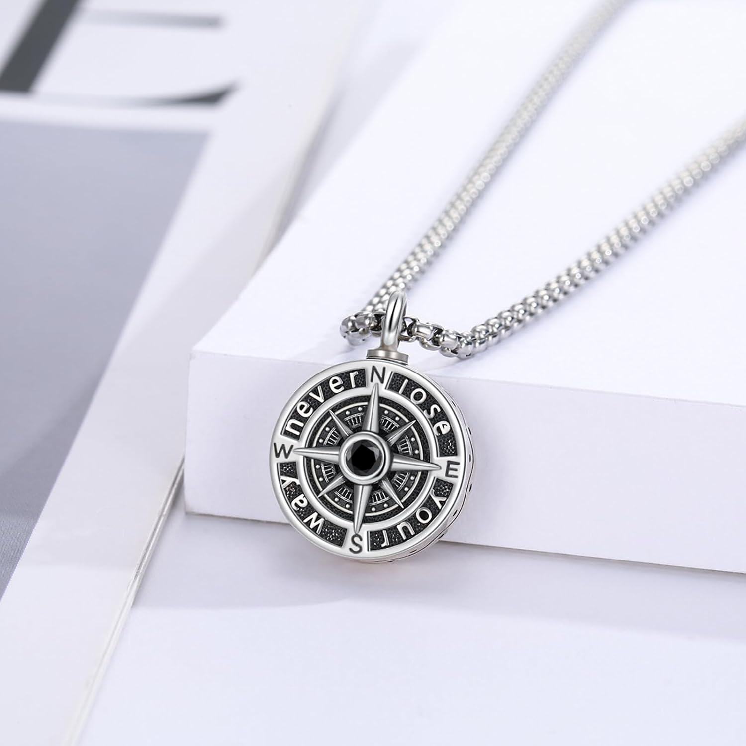 wholesale 925 Sterling Silver Compass Pendant Necklace with Stainless Steel Chain with Black Stone and Chain - Graduation Gift for Him & Her-0-4