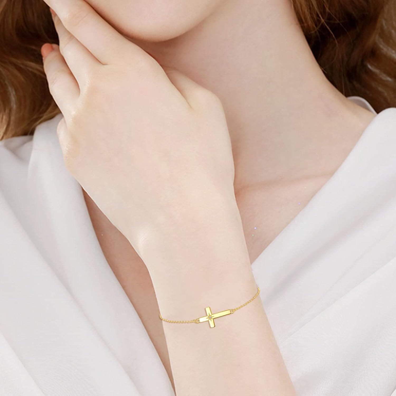wholesale 14K Gold Sideways Cross CZ Star Charm Chain Link Bracelet for Women Adjustable Religious s-0-3