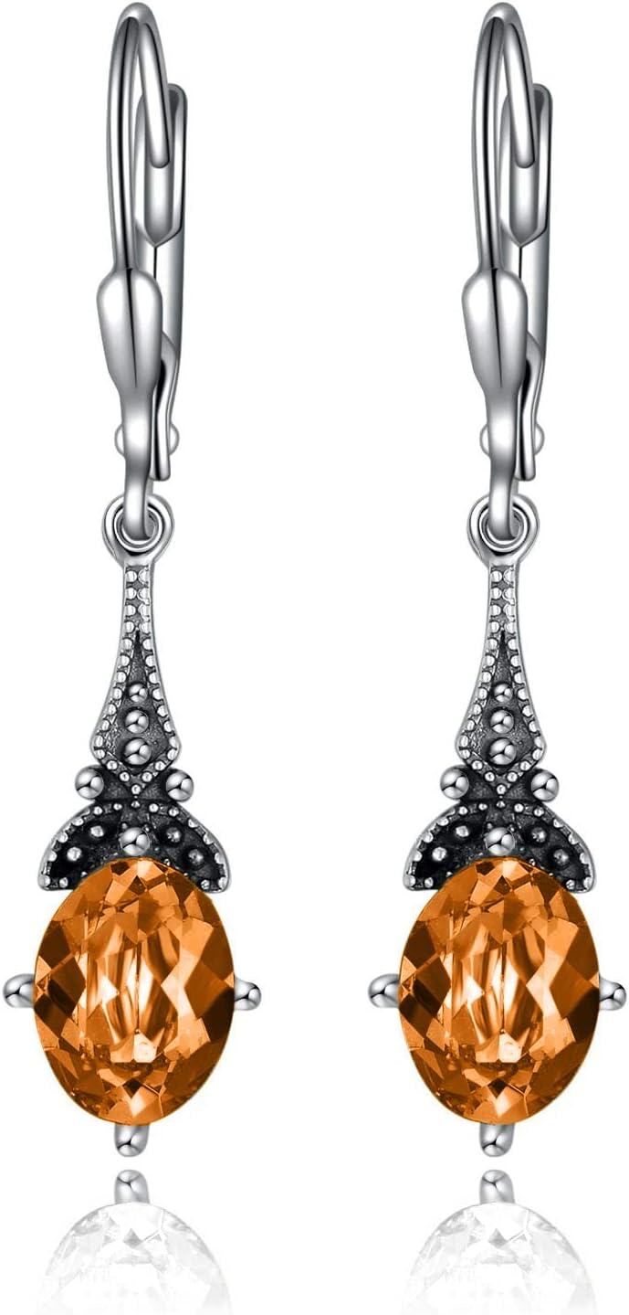 Sterling Silver Austrian Crystal Vintage Drop Dangle Leverback Earrings-Yellow