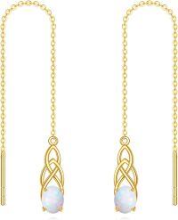 wholesale 14K Gold Opal Celtic Knot Threader Drop Earrings with Long Chain - White Stone for Her-Opal Celtic Knot