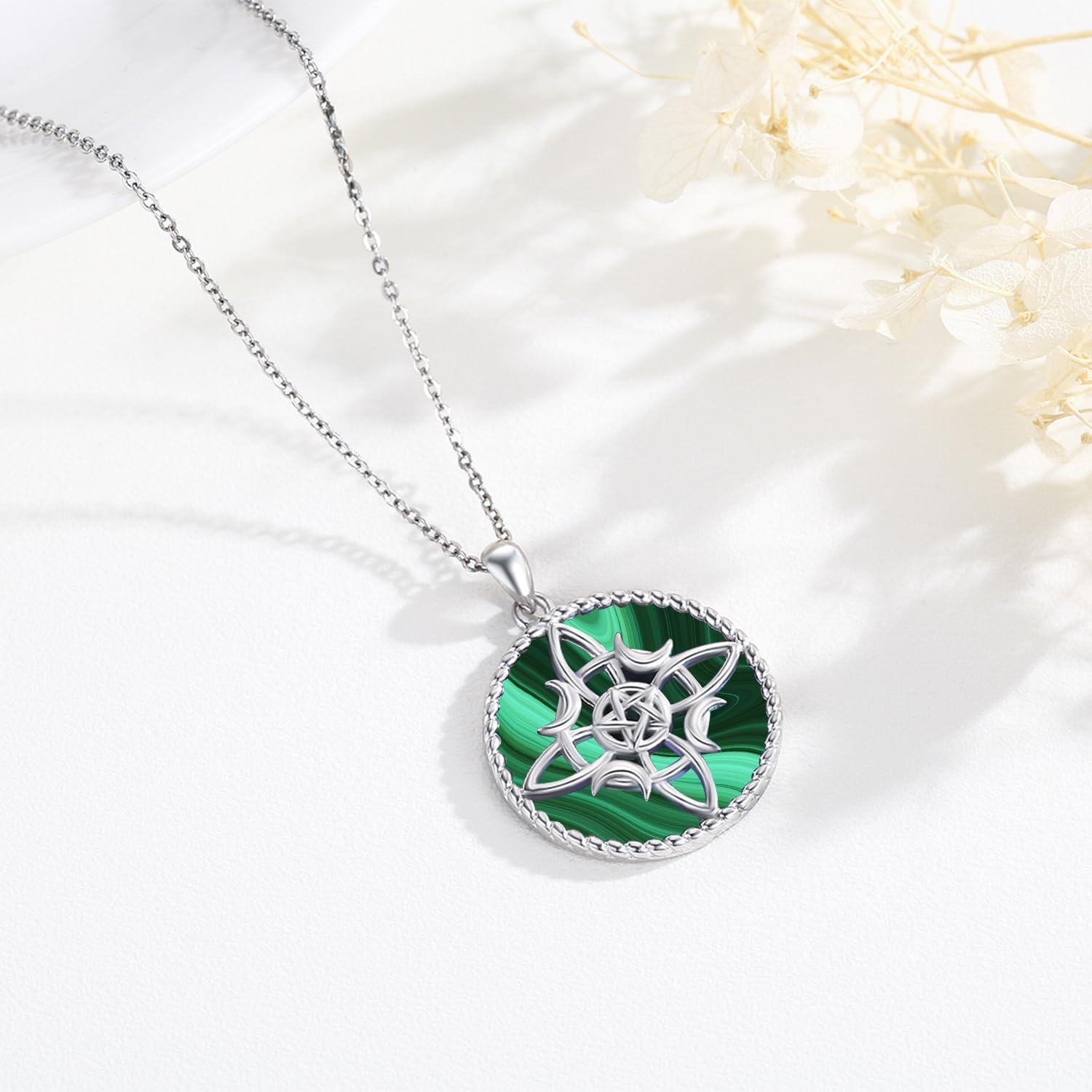 925 Sterling Silver Celtic Pentagram Green Malachite Pendant Necklace-0-3