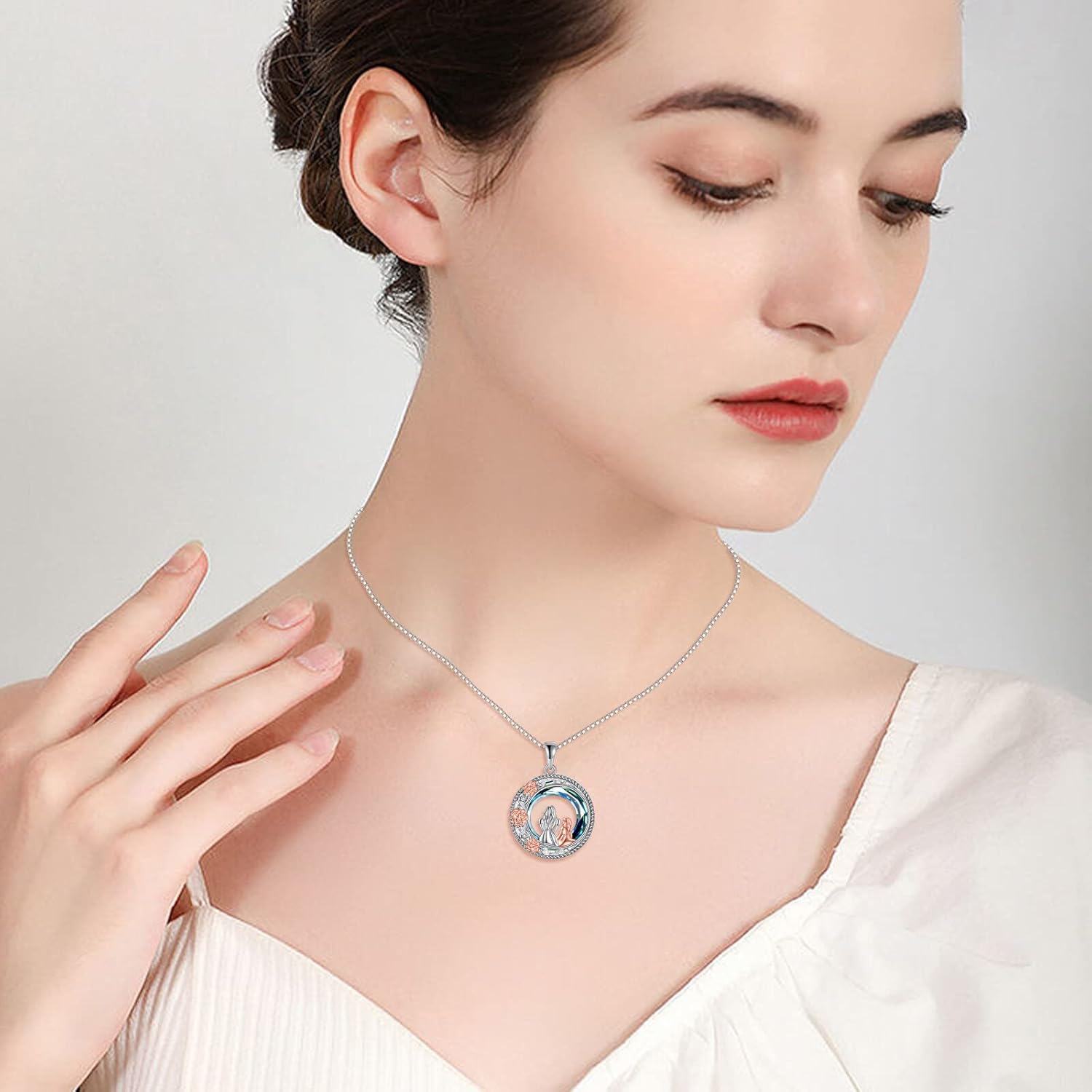 Sterling Silver Blue Crystal Mother and Children Rose Flower Necklace Gift for Mom-0-2