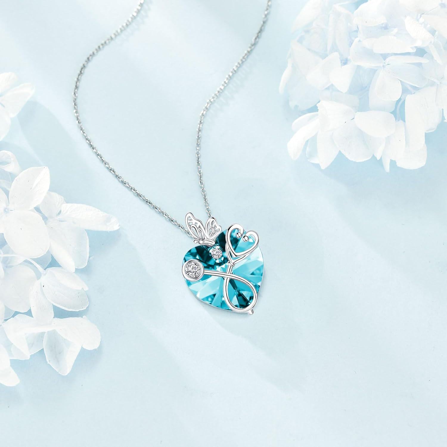 925 Sterling Silver Blue Crystal Butterfly Heart Stethoscope Pendant Necklace for Nurses Doctors Gifts-0-2