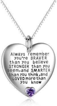 wholesale 925 Sterling Silver Heart-Shaped Pendant with Purple Stone - Always Remember You're Braver Motivational Jewelry for Women-February