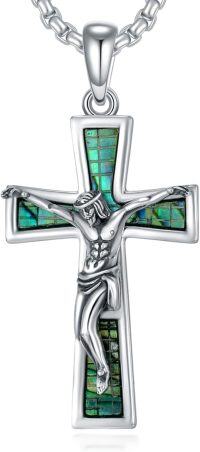 wholesale S925 Sterling Silver Cross Necklace with Abalone Shell Pendant for Men Women Religious Protection Amulet  -Silver