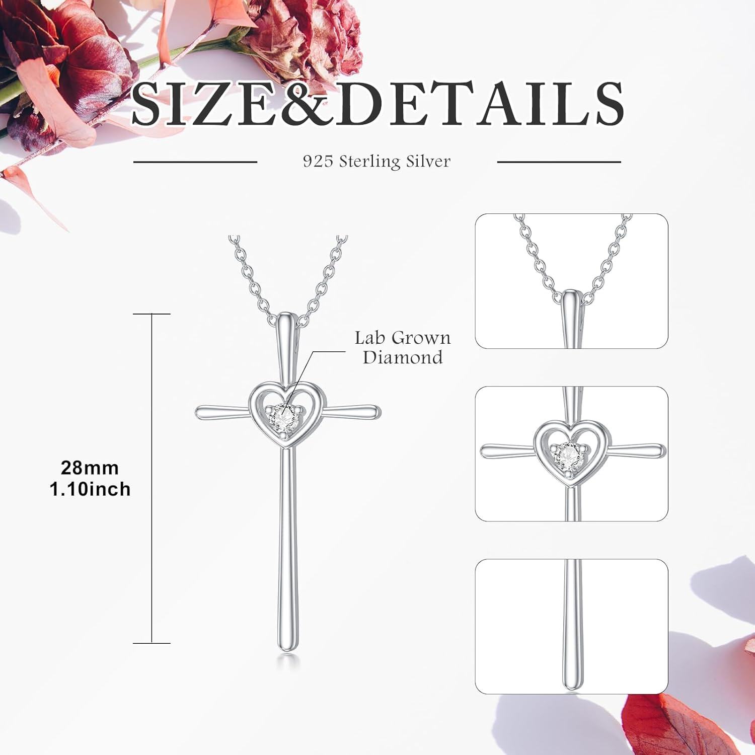 925 Sterling Silver Heart-Shaped Diamond Cross Pendant Necklace for Women-0-4