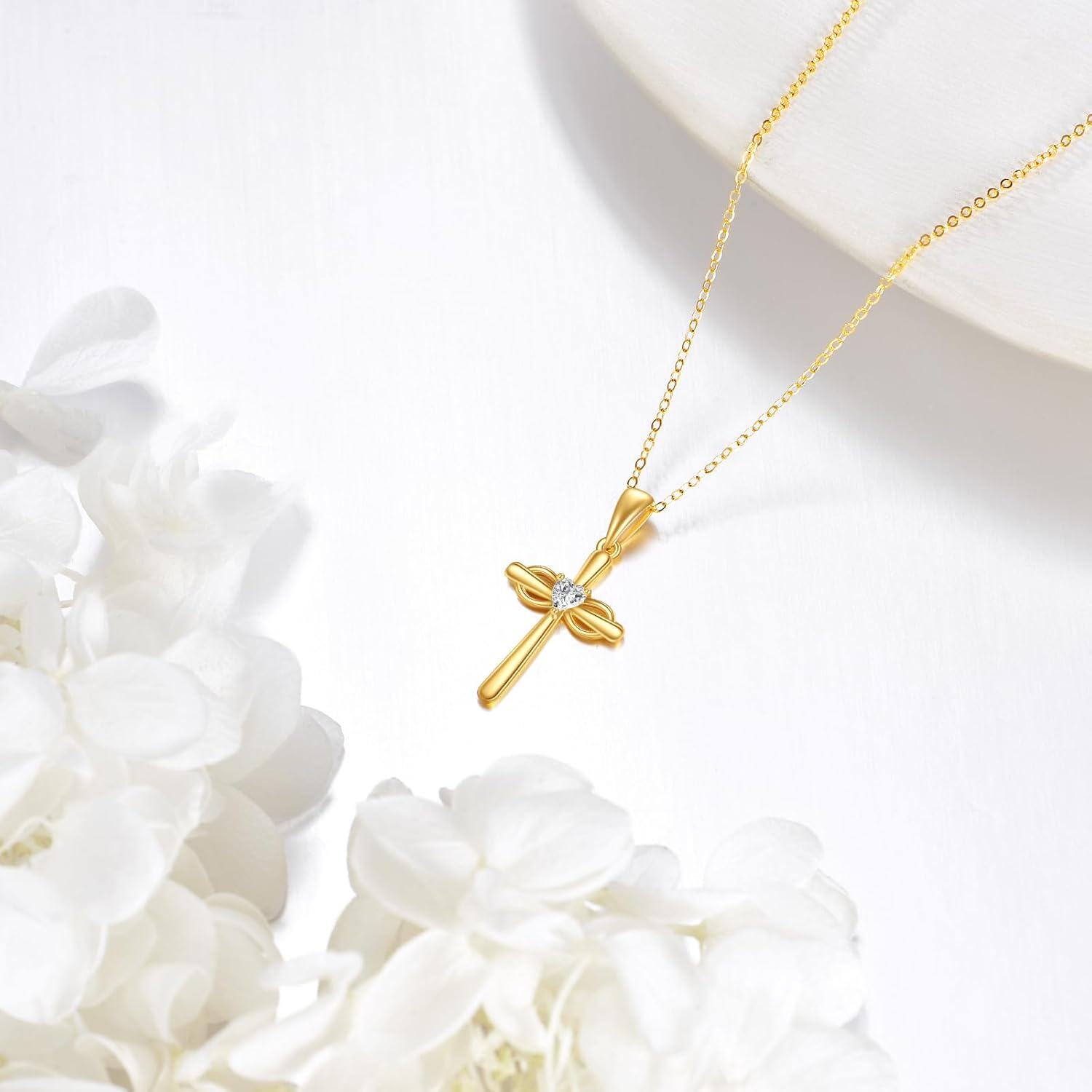 wholesale 14K Gold Heart-Shaped Diamond Cross Necklace for Women - Religious Idea-0-1