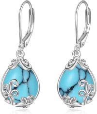 wholesale 925 Sterling Silver Turquoise Stone Filigree Teardrop Dangle Leverback Earrings-Turquoise