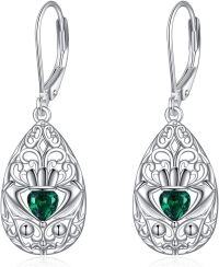 wholesale Silver Rose Gold Plated Claddagh Emerald Heart Drop Earrings 925 Sterling Silver Leverbacks-Filigree Green Crystal