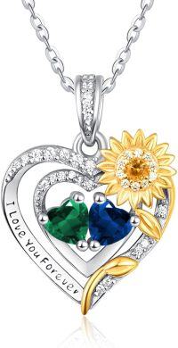 wholesale Sterling Silver 2 Birthstones Sunflower Heart Necklace for Women-05-09-May-Sept