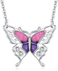 wholesale 925 Sterling Silver Glitter Pink Purple Opal Butterfly Pendant Necklace s for Women Girls-Butterfly Necklaces