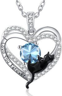 wholesale Sterling Silver Birthstone Cat Projection Heart Pendant Necklace-03 Mar - Aquamarine-03 Mar - Aquamarine