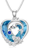 wholesale 925 Sterling Silver Heart-Shaped Pendant Necklace with Dolphins and Blue Crystal Stone - Gifts for Her-0-0