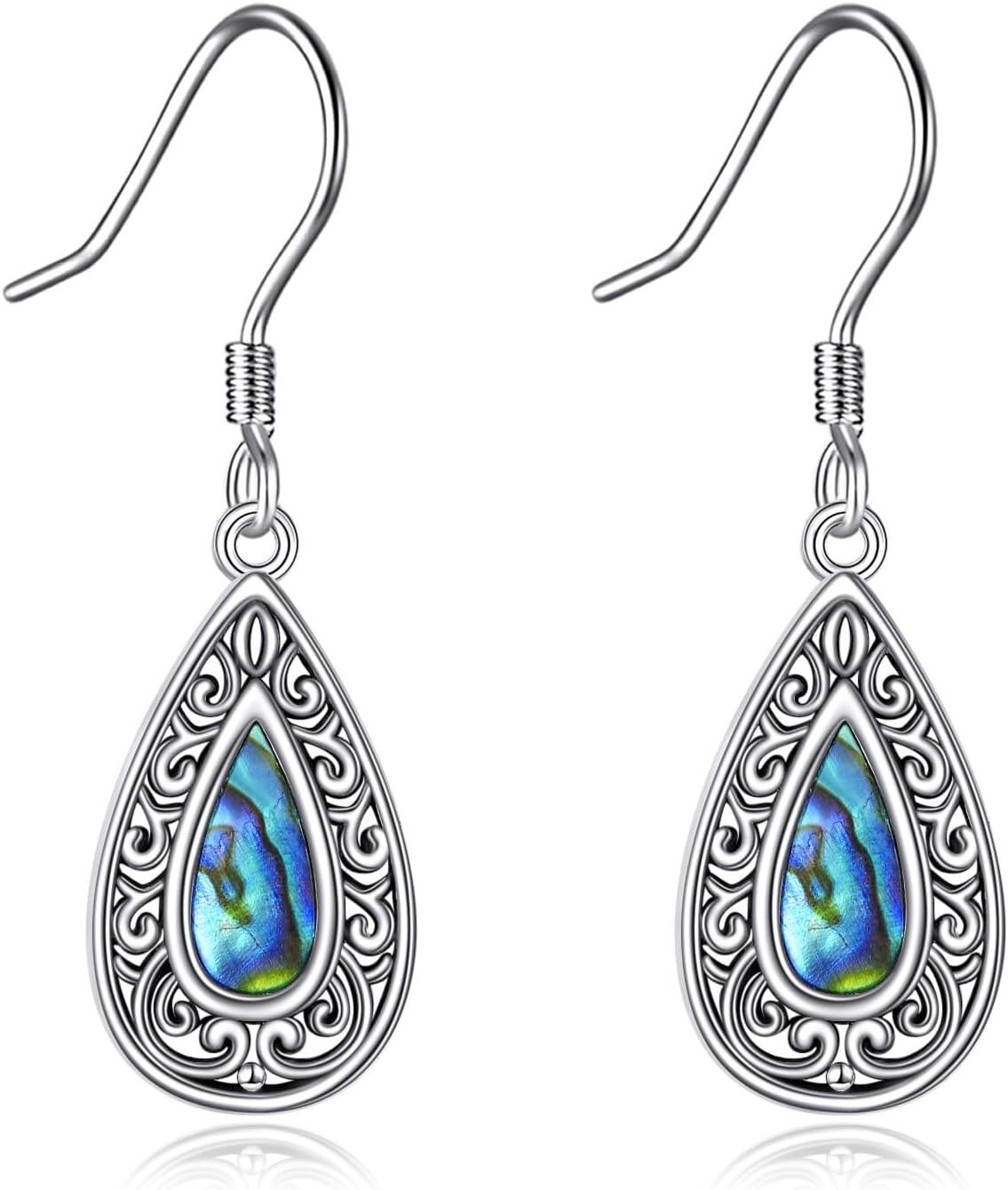 Sterling Silver Dolphin Teardrop Filigree Dangle Earrings for Women-Filigree Abalone