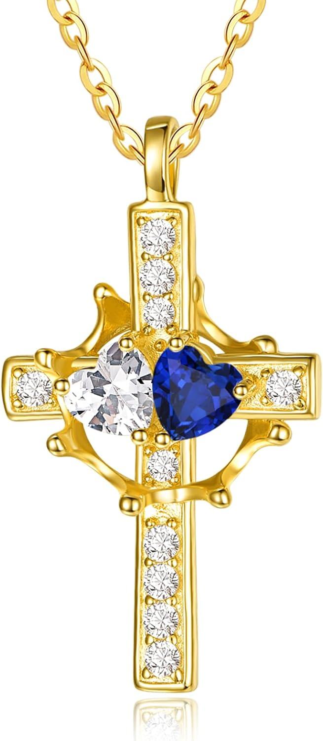 Sterling Silver Birthstones Gold Cross Necklace for Women -04-09-Apr-Sept-04-09-Apr-Sept