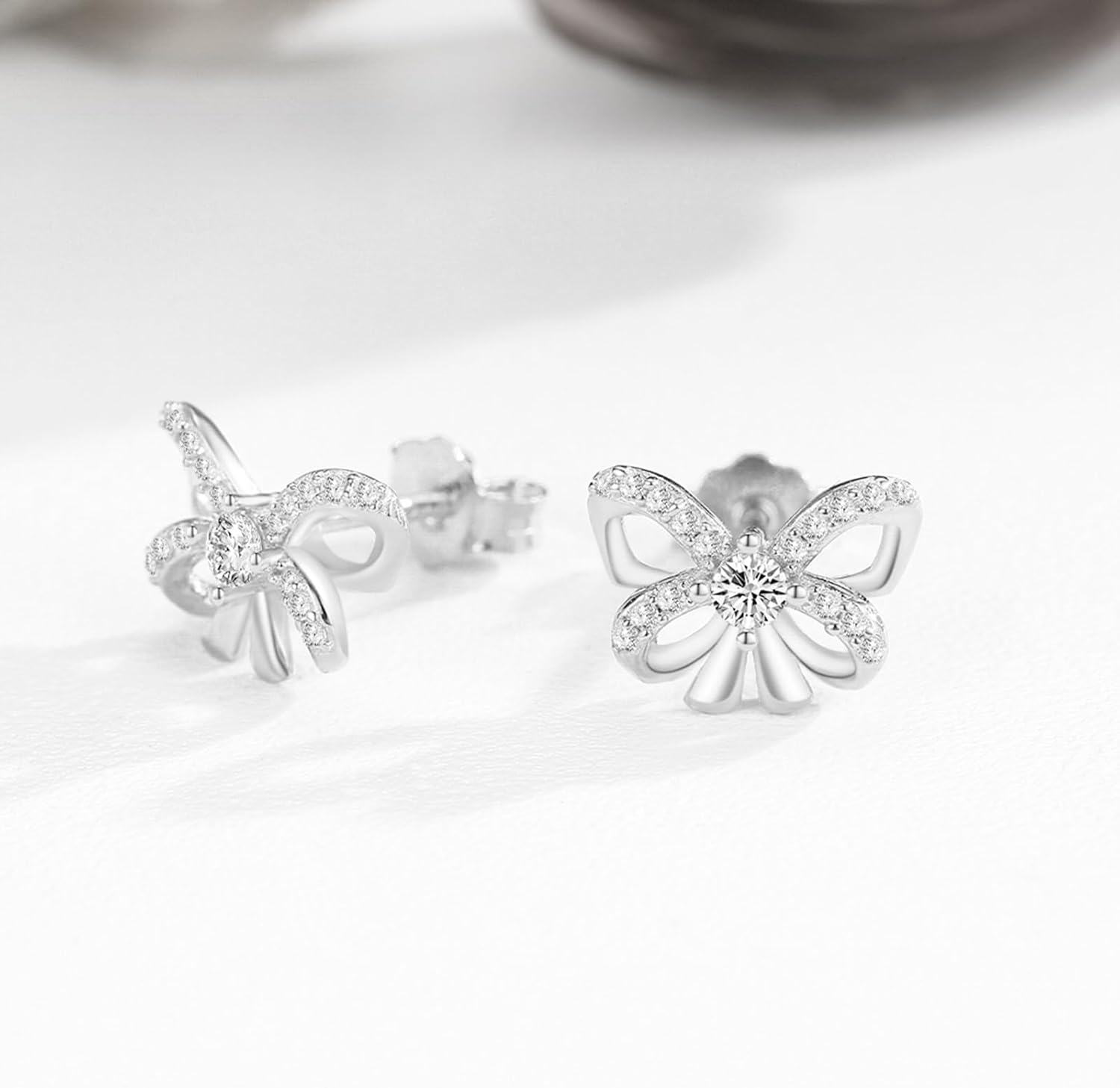 Metal Sterling Silver Stone Bow Stud Earrings for Women Ribbon Jewelry -0-2