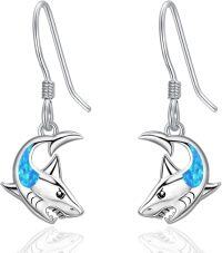 wholesale 925 Sterling Silver Blue Fire Opal Shark Drop Earrings for Women - Hypoallergenic Ocean Animal s-Blue