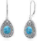 wholesale 925 Sterling Silver Genuine Turquoise Teardrop Filigree Leverback Dangle Earrings-0-0