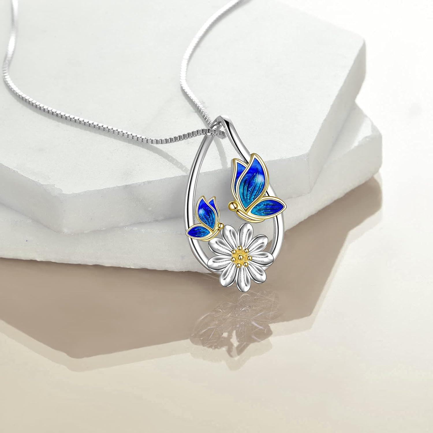 Sterling Silver Daisy Flower Butterfly Teardrop Pendant Necklace Jewelry Gift-0-3