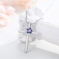 wholesale 925 Sterling Silver Purple Enamel Flower Cross Pendant Necklaces with Pink Crystal Birthstone Gifts for Women-0-5