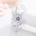 wholesale 925 Sterling Silver Purple Enamel Flower Cross Pendant Necklaces with Pink Crystal Birthstone Gifts for Women-0-5