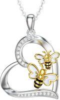 wholesale 925 Sterling Silver Heart-Shaped Bee Cubic Zirconia Pendant Necklace for Women Mom Birthday Graduation Gift-0-0