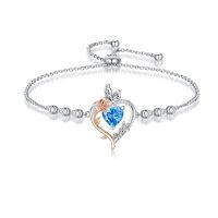wholesale 925 Sterling Silver Rose Heart Birthstone Butterfly Bracelet for Women-03-March-Aquamarine