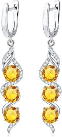 wholesale 925 Sterling Silver 5mm Round Cut Genuine Created Gemstone Leverback 3 Birthstone Dangle Earrings-Citrine Yellow