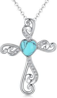 wholesale 925 Sterling Silver Heart-Shaped Turquoise and Cubic Zirconia Cross Pendant Necklace for Women & Girls-Turquoise