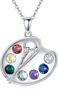 wholesale 925 Sterling Silver Artist Paint Palette and Brush Necklace - Colorful Painters Charm Future Artist s for Women-Palette Necklace-silver