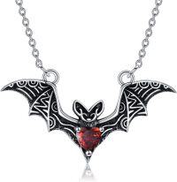 wholesale 925 Sterling Silver Bat Pendant Red Heart Stone Gothic Punk Necklace-Bat