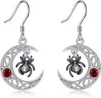 wholesale 925 Sterling Silver Spider Moon Drop Earrings with Red Crystal Accents-Spider