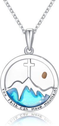 wholesale 925 Sterling Silver Cross & Mountain Pendant Necklaces for Women - Religious Gifts with Blue Enamel and Brown Stone Charm-Cross Mountain Necklace