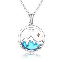 wholesale 925 Sterling Silver Cross & Mountain Pendant Necklaces for Women - Religious Gifts with Blue Enamel and Brown Stone Charm-Cross Mountain Necklace