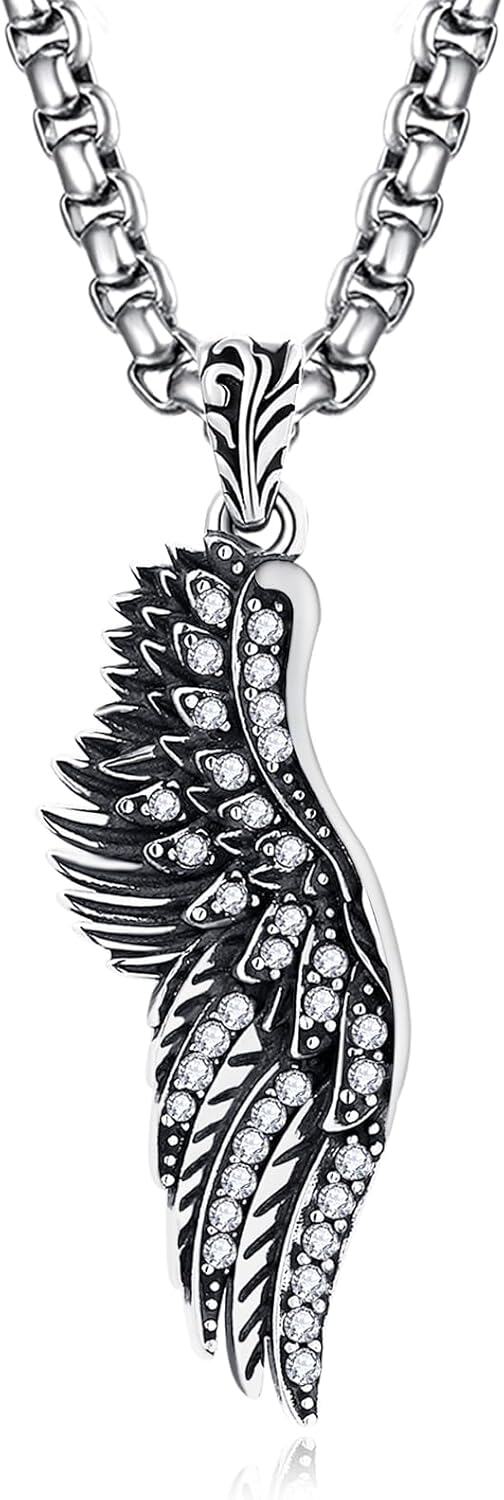wholesale 925 Sterling Silver Angel Wing Pendant on Rolo Chain for Men - 24 Length-0-0