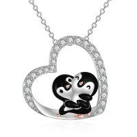 wholesale 925 Sterling Silver Enamelled Pendants For Women Heart Shaped Pendant With Two Cute Penguins-Penguin Necklace