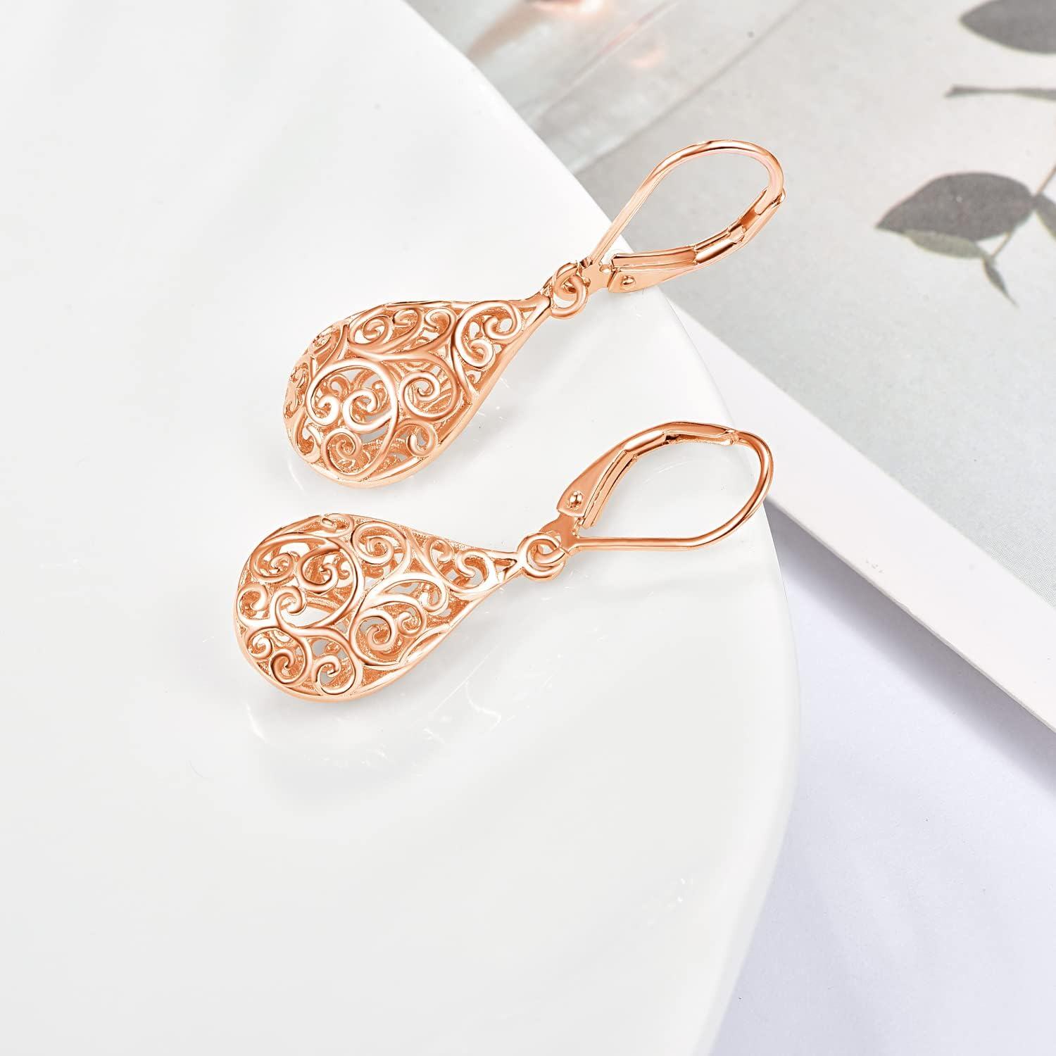 Rose Gold Filigree Teardrop Leverback Drop Earrings-0-5
