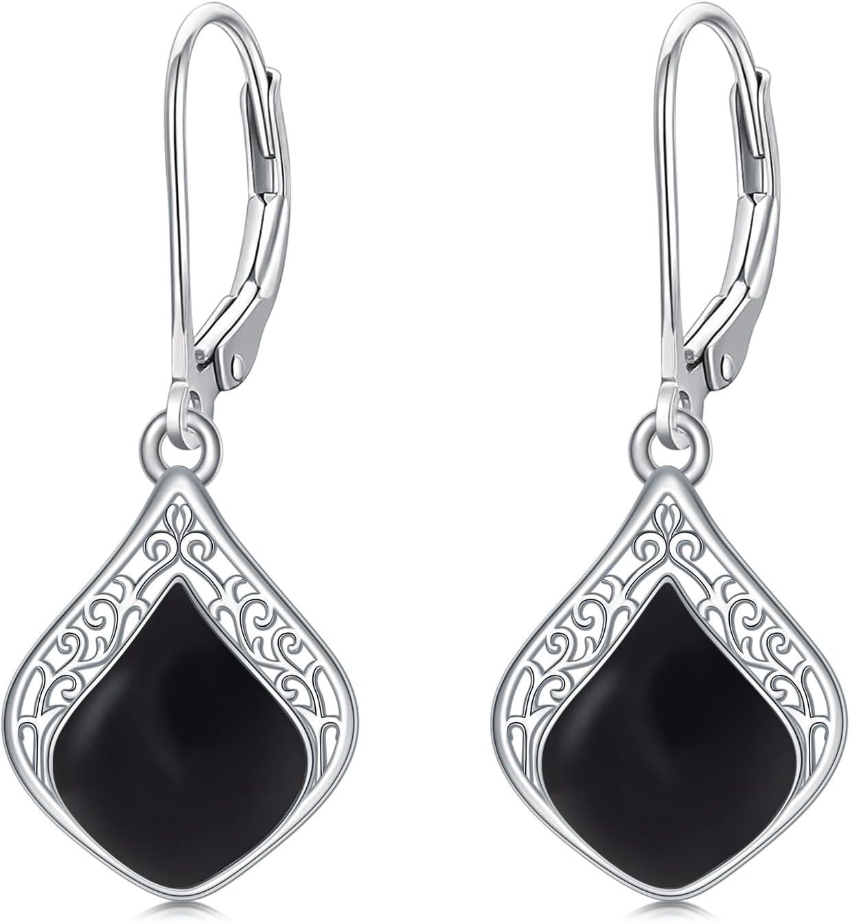 Metal Stone Earrings-Black Onyx
