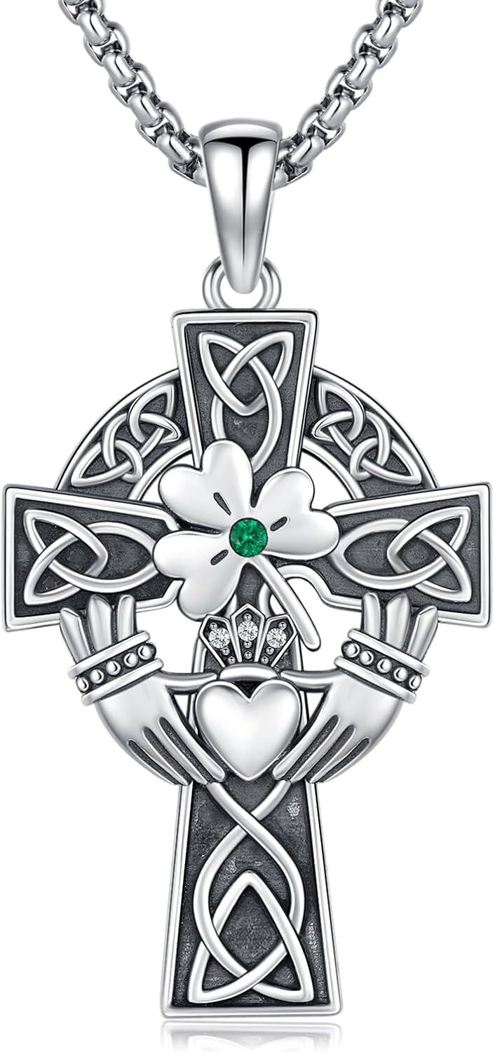 925 Sterling Silver Celtic Cross Pendant with Green Emerald and Trinity Knots - Mens Womens Christian Religious s-0-0