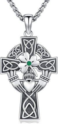 wholesale 925 Sterling Silver Celtic Cross Pendant with Green Emerald and Trinity Knots - Mens Womens Christian Religious s-Claddagh Cross